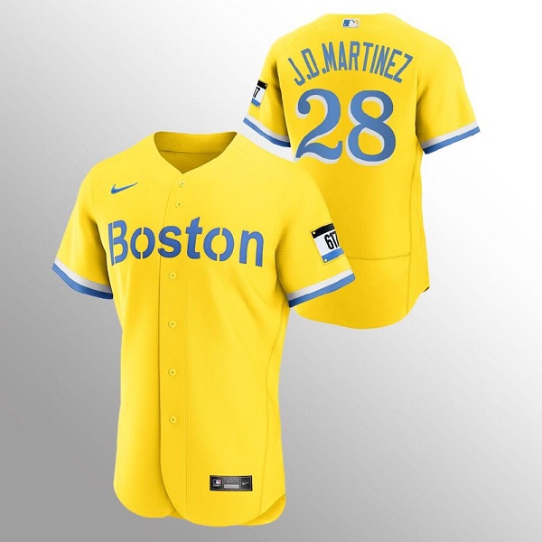 Men's Boston Red Sox #28 J.D. Martinez Gold MLB 2021 City Connect Flex base Stitched Jersey